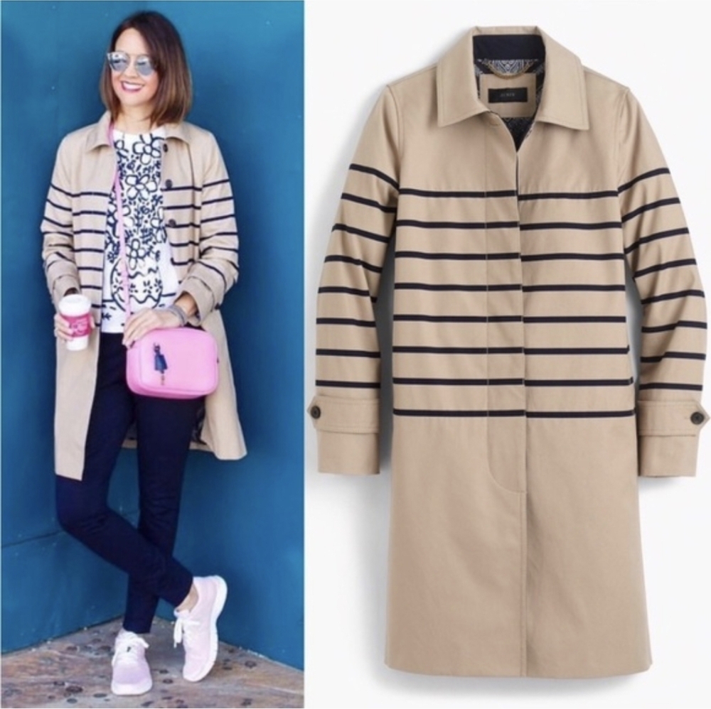 J.Crew Women's Size 6 Striped Beige Navy Blue Trench Coat Jacket